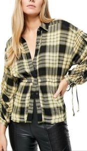 New Free People Black Plaid Pacific Dawn Ruched Slouchy Shirt Size Small